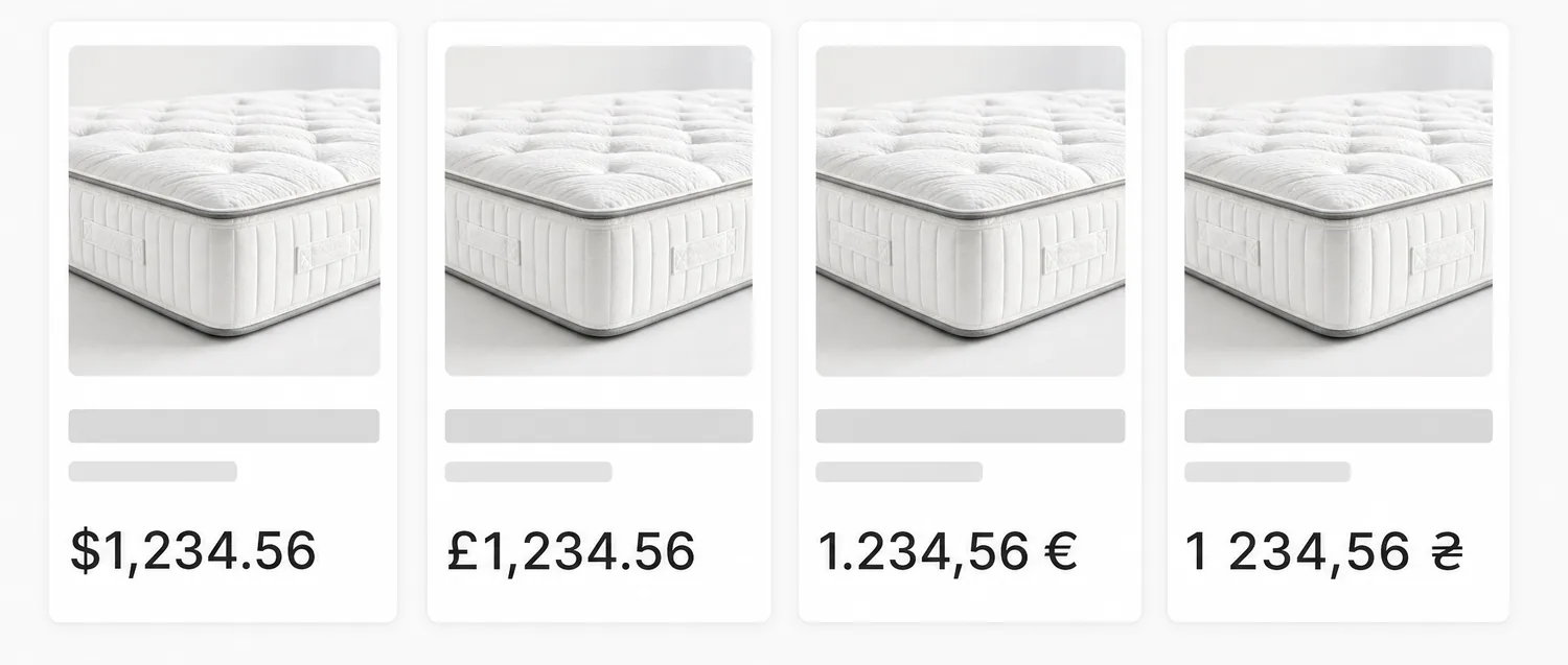 Vier productkaarten van een matras met dezelfde prijs, anders geschreven: $1,234.56, £1,234.56, 1.234,56 € en 1 234,56 ₴