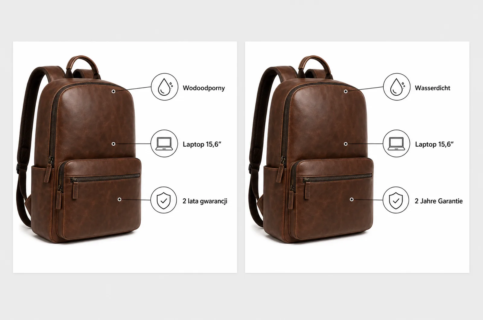 Dos gráficos de la mochila: a la izquierda Wodoodporny, Laptop 15,6″ y 2 lata gwarancji; a la derecha Wasserdicht, Laptop 15,6″ y 2 Jahre Garantie