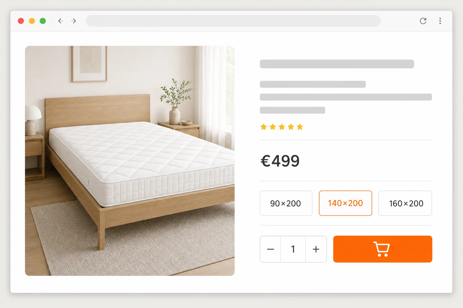 Página de produto em WordPress: colchão sobre uma cama, preço €499, tamanhos 90×200, 140×200 e 160×200 e botão do carrinho