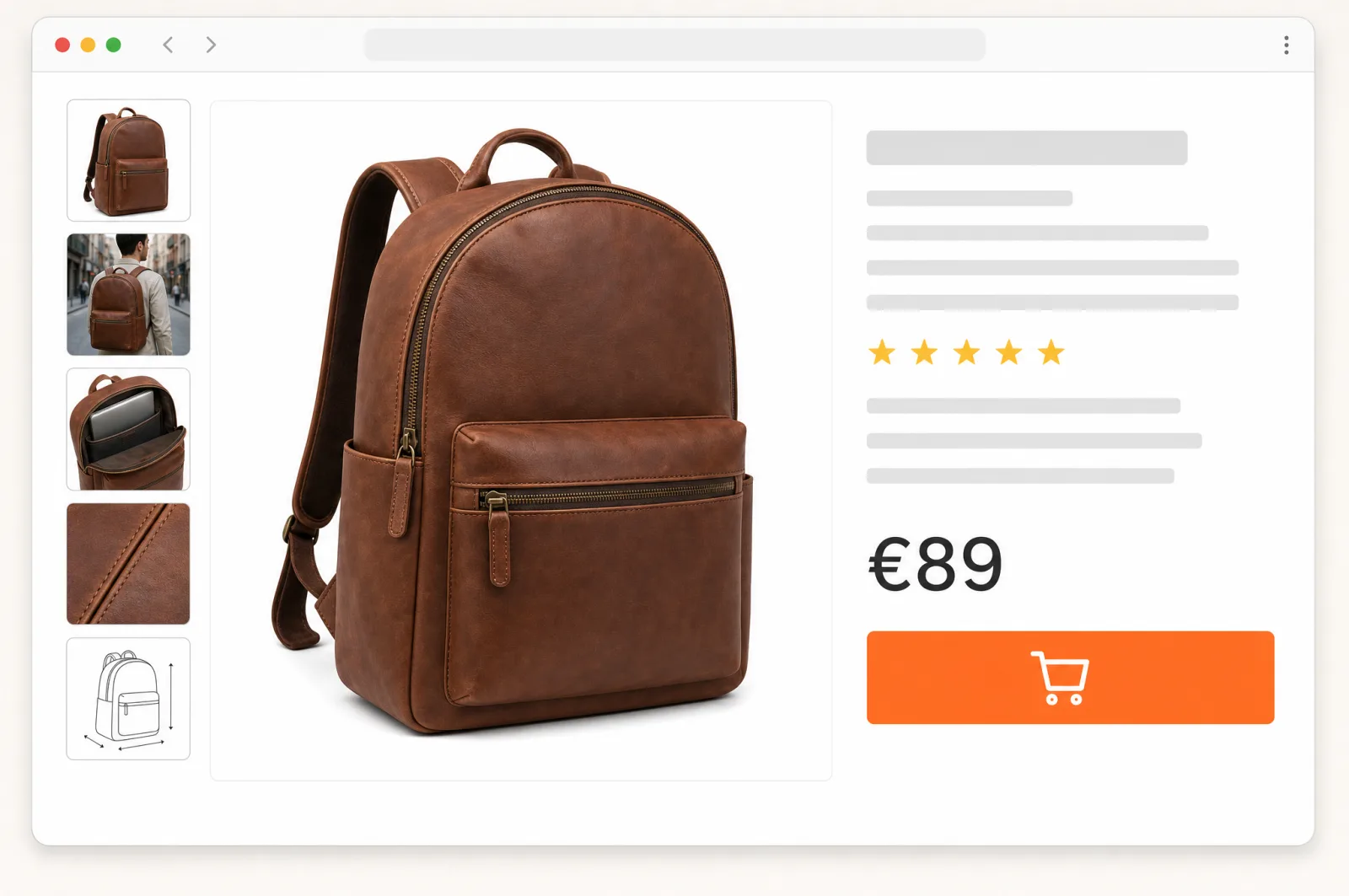 Productpagina op een marketplace: hoofdfoto van een bruine rugzak op witte achtergrond, vijf miniaturen van de rugzak, prijs € 89 en winkelwagenknop