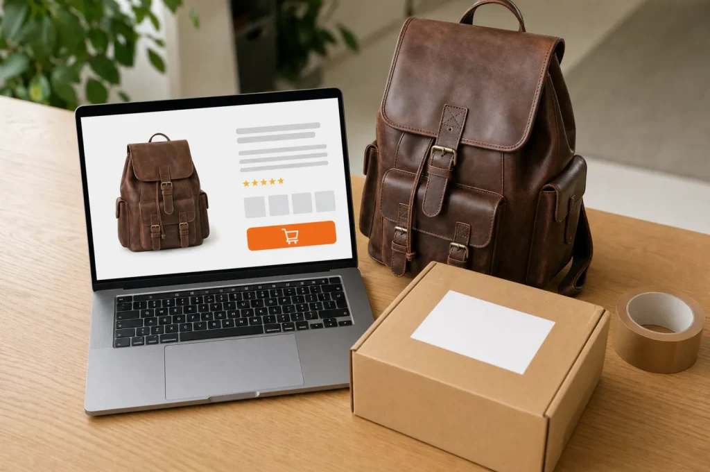 Sac à dos en cuir marron à côté d’un ordinateur portable affichant la fiche produit de ce sac sur fond blanc et d’un colis en carton