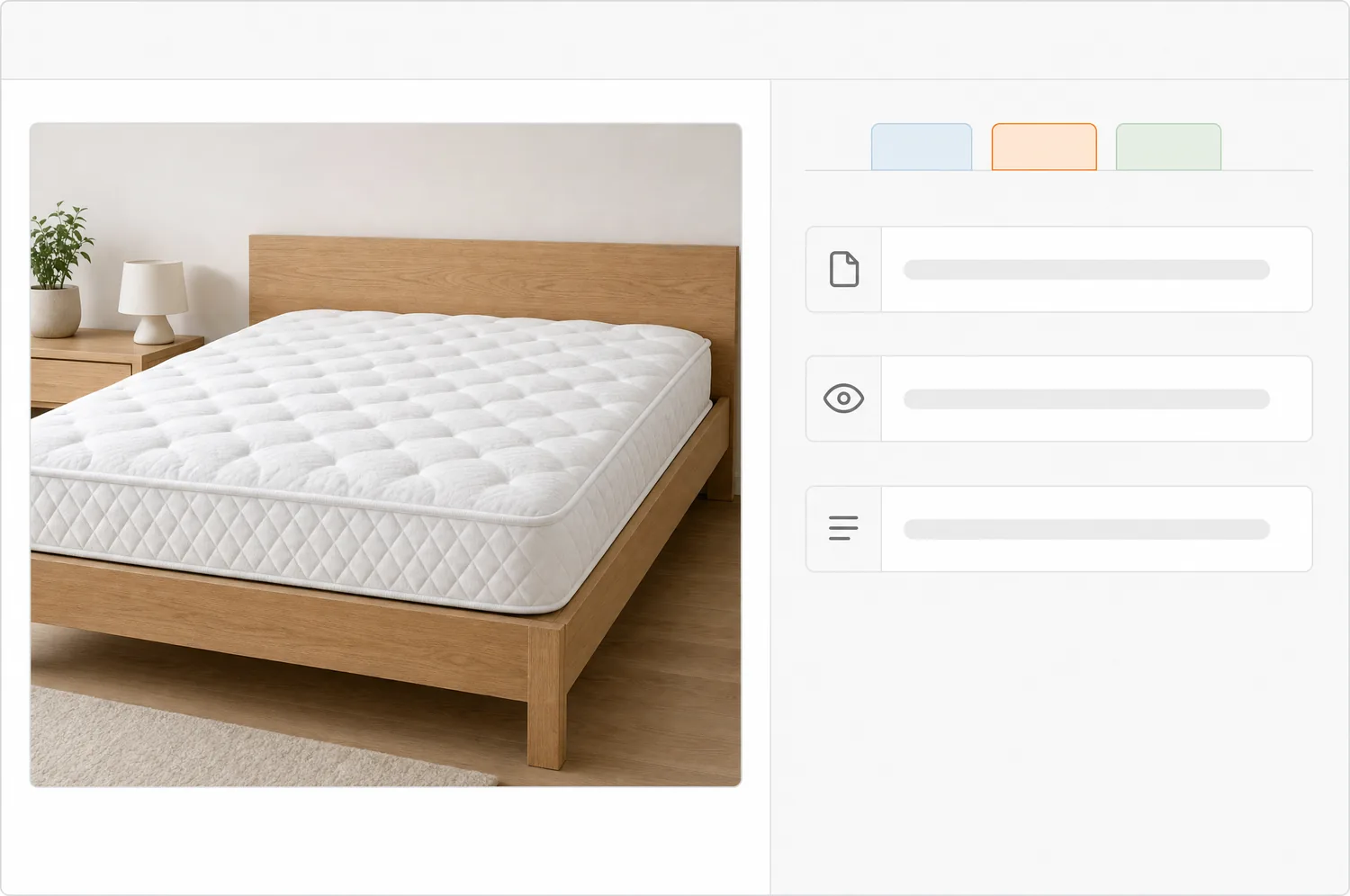 Bilddetaljer i WordPress: madrassfoto, tre färgade språkflikar och fält för filnamn, alt-text och beskrivning
